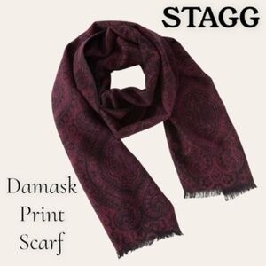 STAGG 70”L Damask Print Burgundy & Brown Viscose Raw Hems Scarf/Wrap NWT